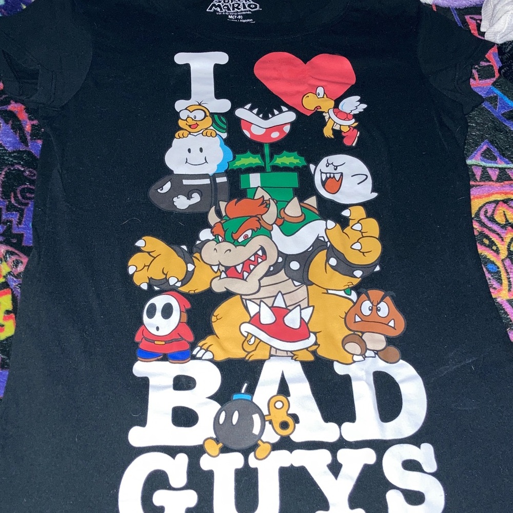 Nintendo Black Kids Shirt with Colorful Mario Characters